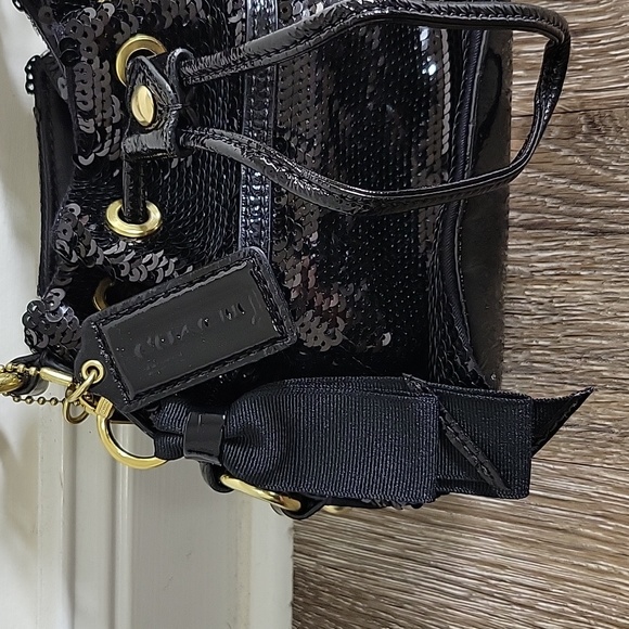 COACH POPPY BLACK SEQUINS CINCH DRAWSTRING BUCKET HANDBAG MINI 18726 - Picture 2 of 14